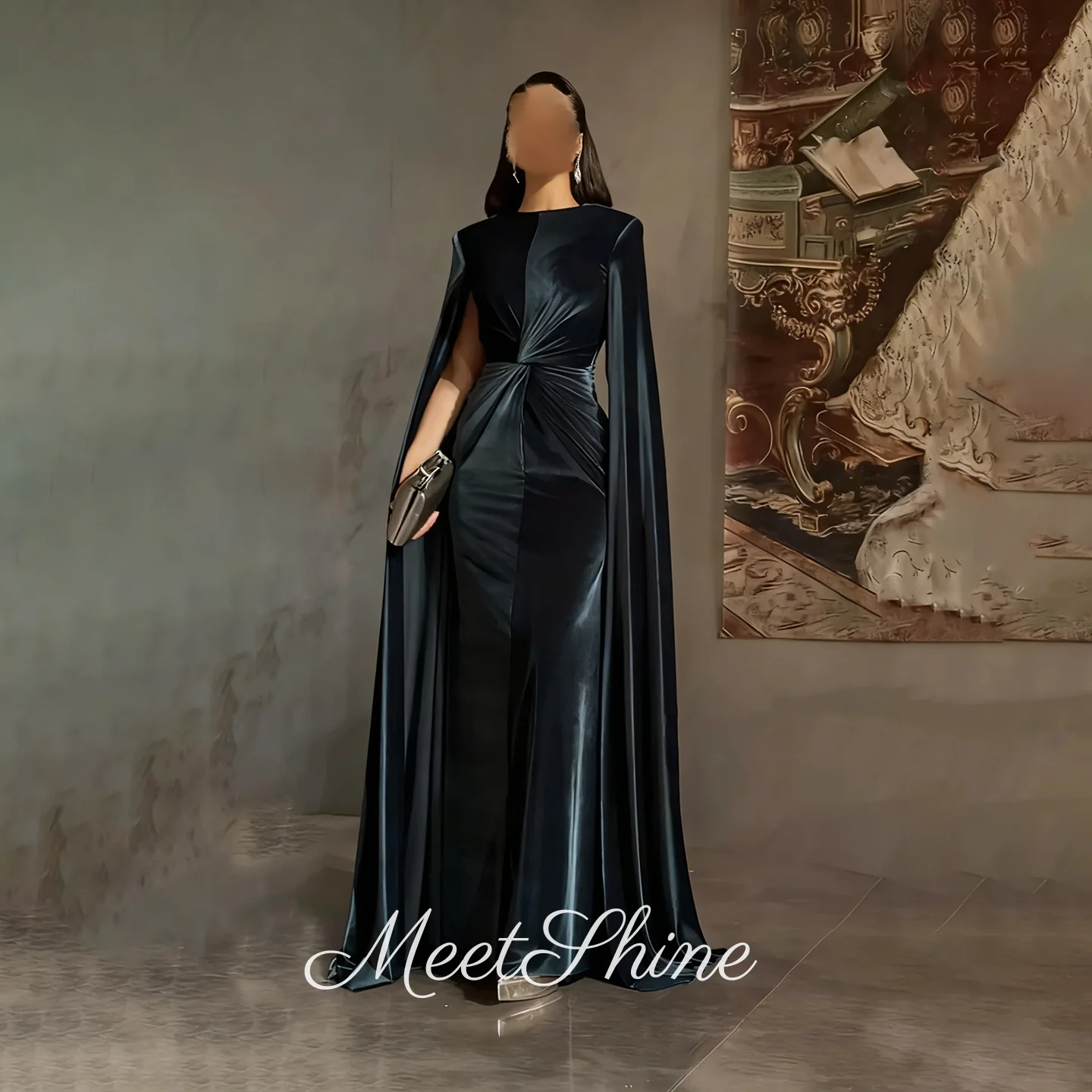 Robe de soirée plissée sirène en velours, col rond, vert foncé, Vintage, dubaï, avec manches longues flottantes, robes de bal formelles personnalisées