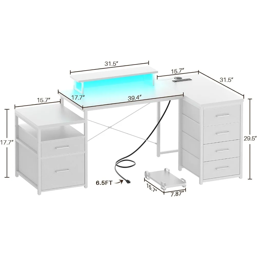 White Computer Desk Table Corner Desk With RGB LED Lights & Power Outlets & Monitor Stand Office Furniture Table for Laptop Bed