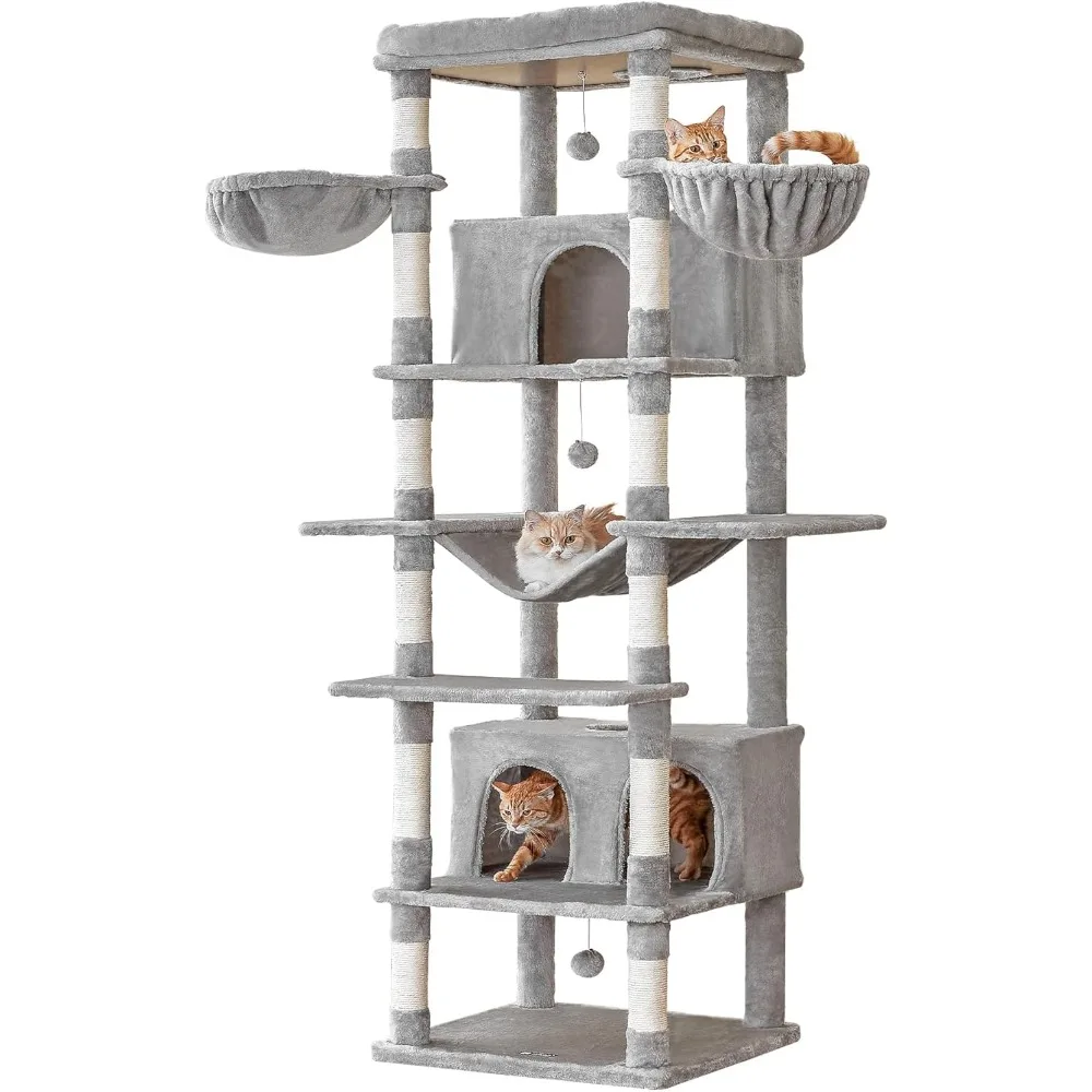 Cat Tree, 77.6in Extra Large w/ 2 Condos, Multi-Level Wide Perch, Scratching Posts, Hammocks, Dangling Toys