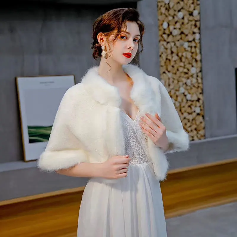 

Женская шаль для невесты из искусственного лисьего меха, свадебное платье, аксессуары для накидки, осень-зима, короткая толстая теплая свадебная накидка-пончо