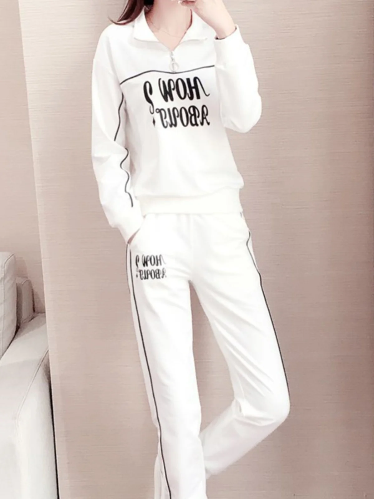 

Комплект повседневной спортивной одежды для полных женщин: модный белый свитшот и брюки, весна-осень, новинка для полных девушек