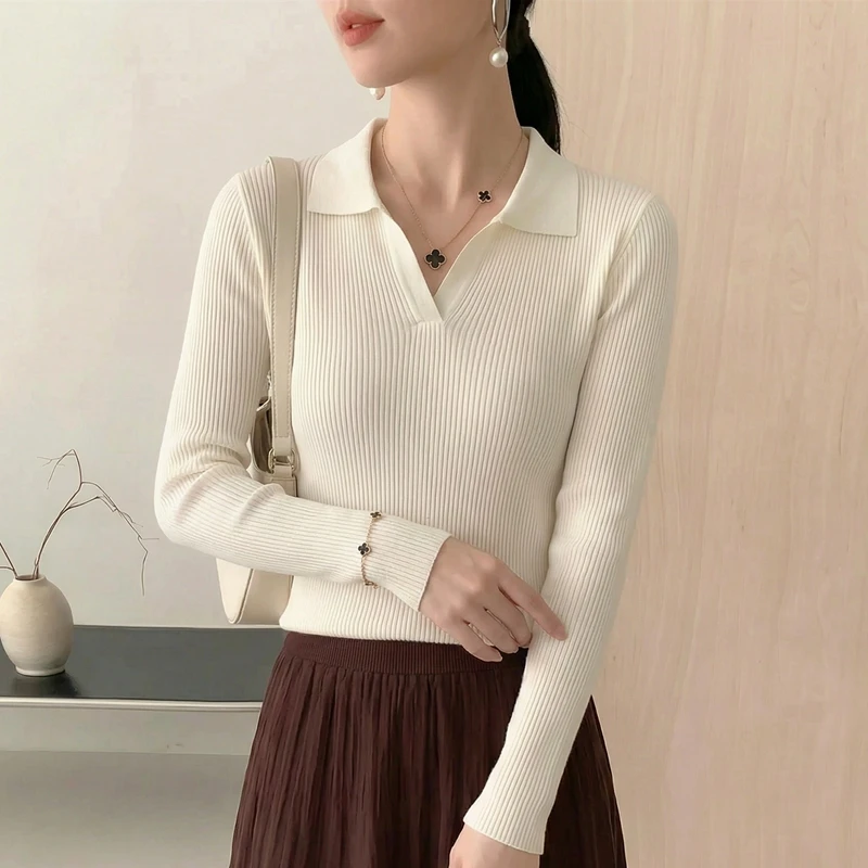 

Women Polo V-Neck Top Long Sleeve Pullover Spring Autumn 100% Wool Knitwear Fine-spun Machine Washable Slim Wool Sweater