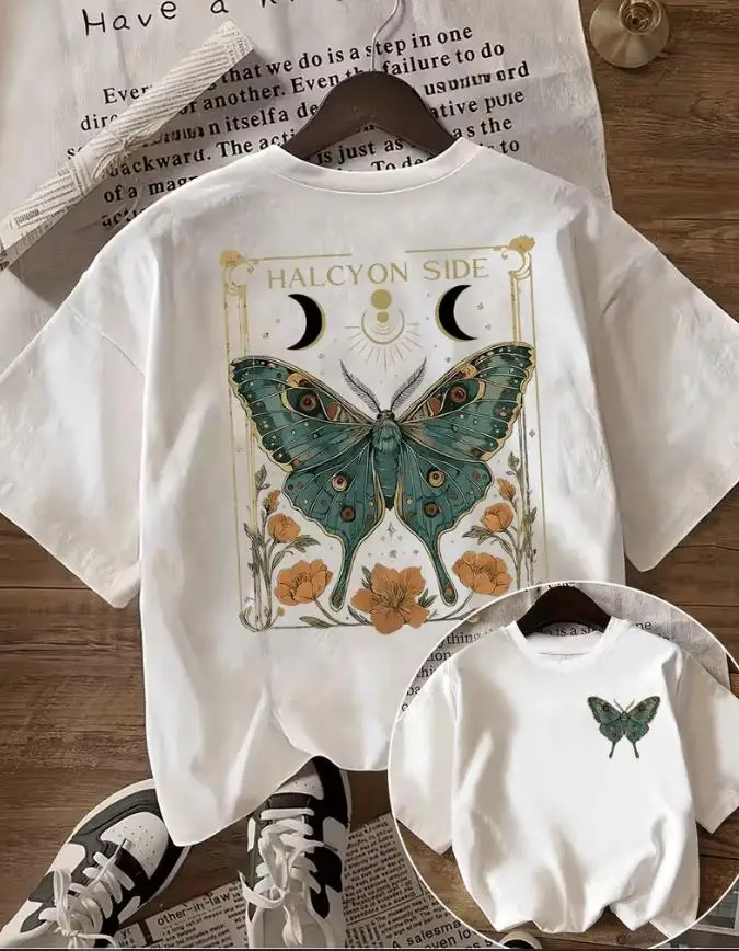 Gothic Luna Moth T Shirt Women Summer Back Print Witchy Moon Phase Graphic Tee Tops Vintage Aesthetic Short Sleeve O Neck Clothes