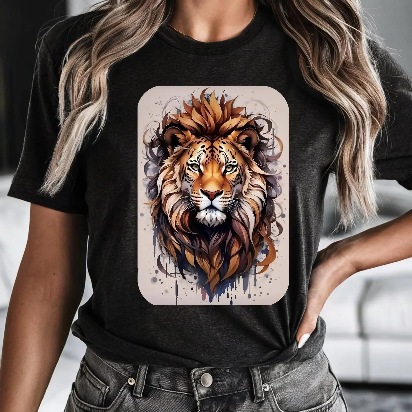 Regal Lion Portrait T Shirt Watercolor Mane Detailed Animal Illustration vintage Washed designer clothes Unisex Soft homme
