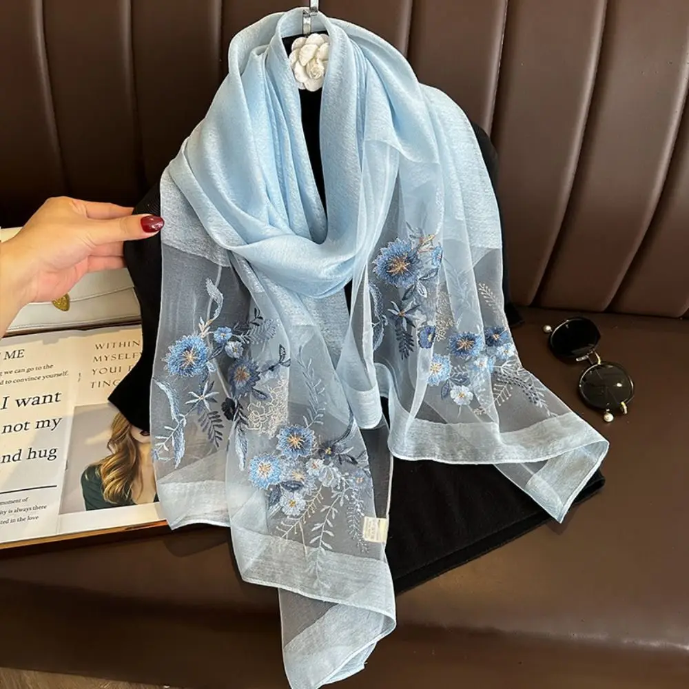 

Elegant Embroidery Flower Silk Scarf Shawls Transparent Sunscreen Mesh Neck Scarves Korean Style Neckerchief Ladies/Girls