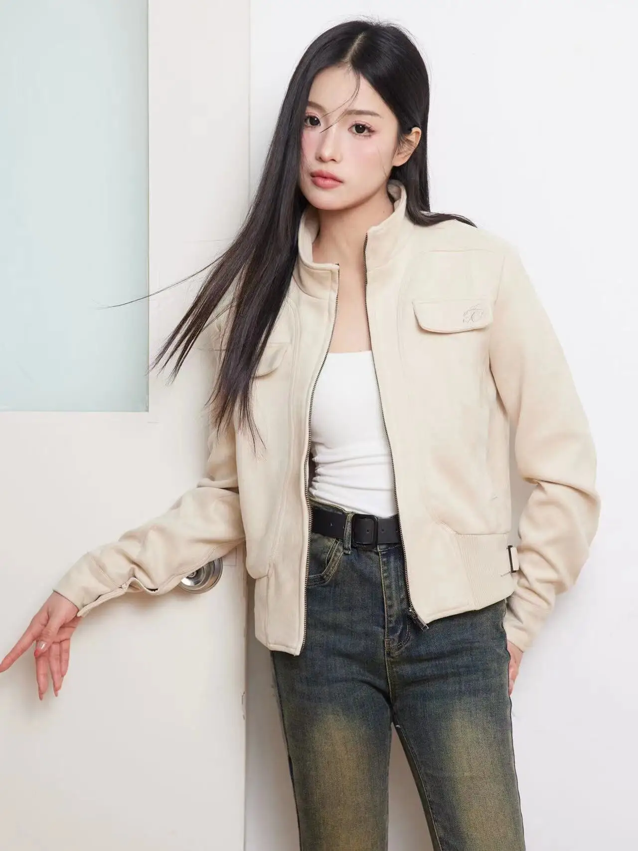 

AOAOSU AP YangXing, замшевый джерт в американском стиле ретро, женский тонкий мотоциклетный джерт, весенний сезон