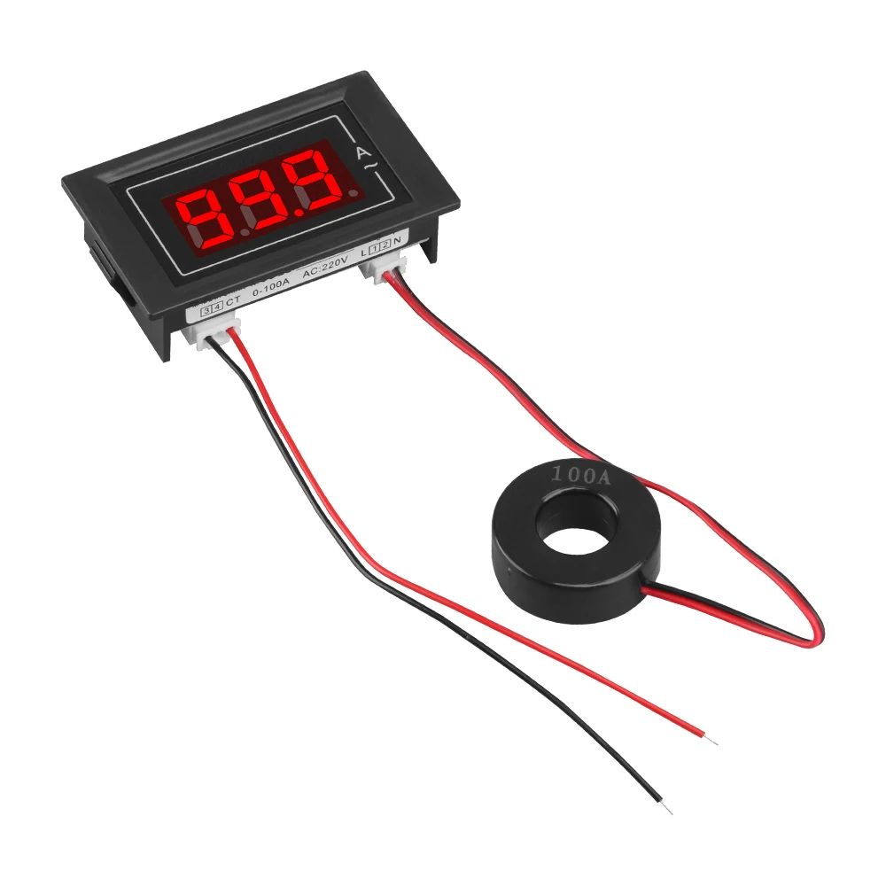 AC220V 100A Digital Ammeter Panel LED 2 Wire Amp Meter Amperage Tester Gauge with Current Transformer