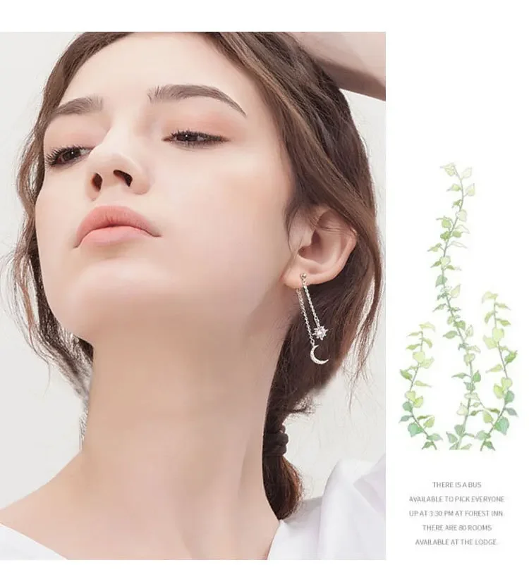Hot Fashion 925 Sterling Silver Crystal Star Moon long Earrings for Women Girls Gift Fashion Statement Jewelry