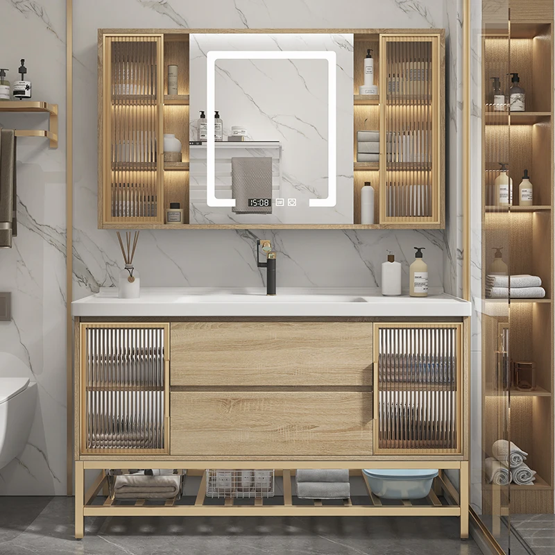 

Modern Vanity Bathroom Cabinets Smart Toilet Shelves Apartment Bathroom Cabinets with Lamp Oak Furniture Lemari Kamar Mandi MH