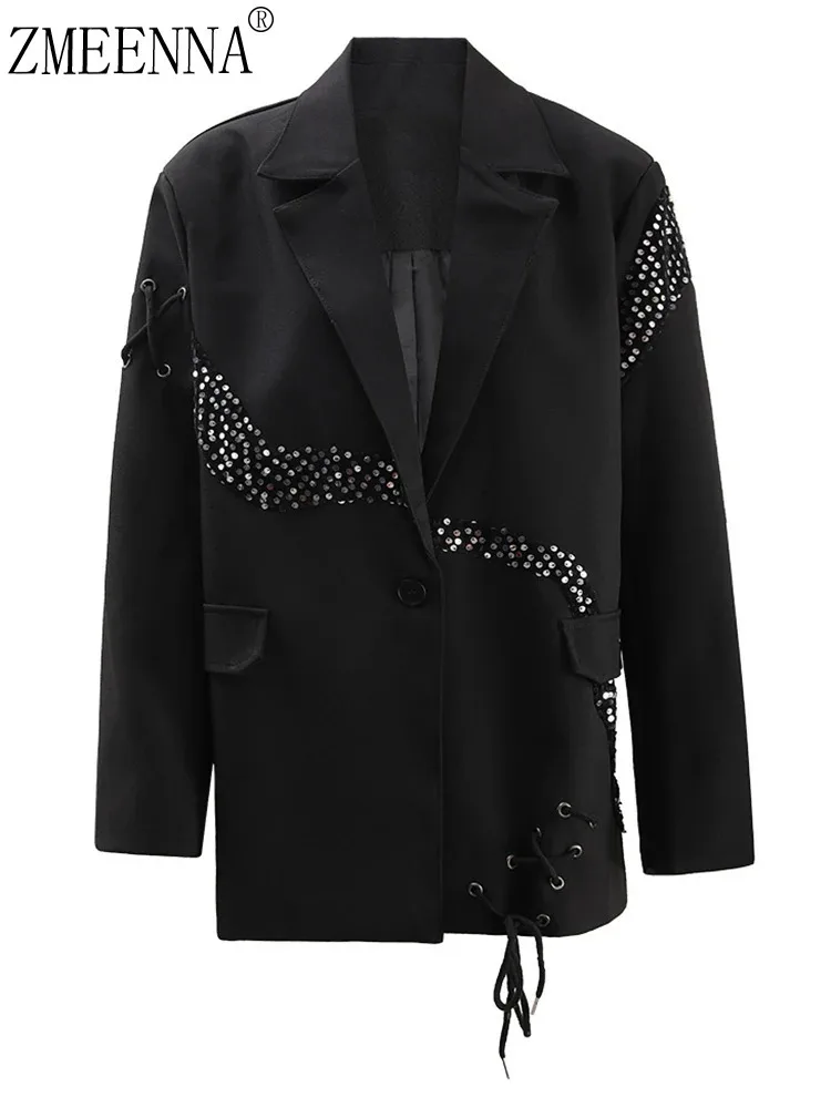 

ZMEENNA Black Sequins Bandage Big Size Casual Blazer Women New Lapel Long Sleeve Jacket Fashion Tide Spring Autumn 2024 ZM139