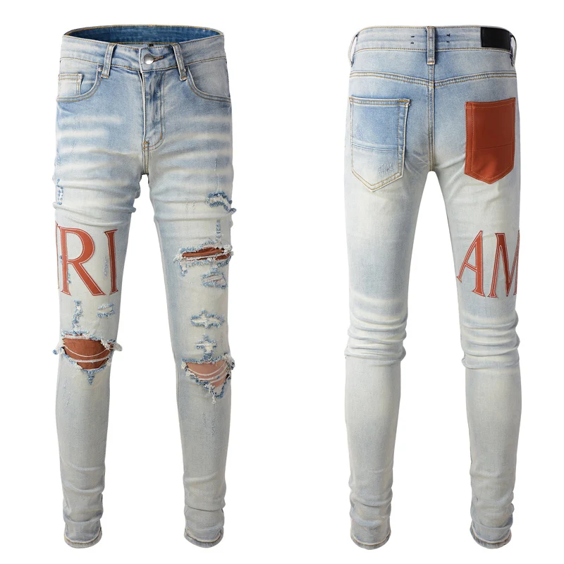 

Designer fashion new men's jeans, patchwork elastic slim fit with ripped patches, washed blue jeans, high street hip-hop brand p