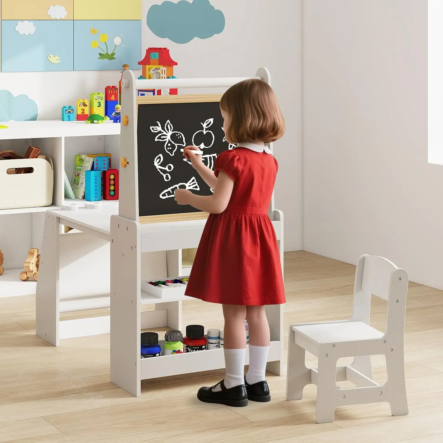 Kids Art Table & Chair Set 4-in-1 Wooden Easel w/Whiteboard Blackboard Paper Roll Shelves Toddler Drawing, Customized