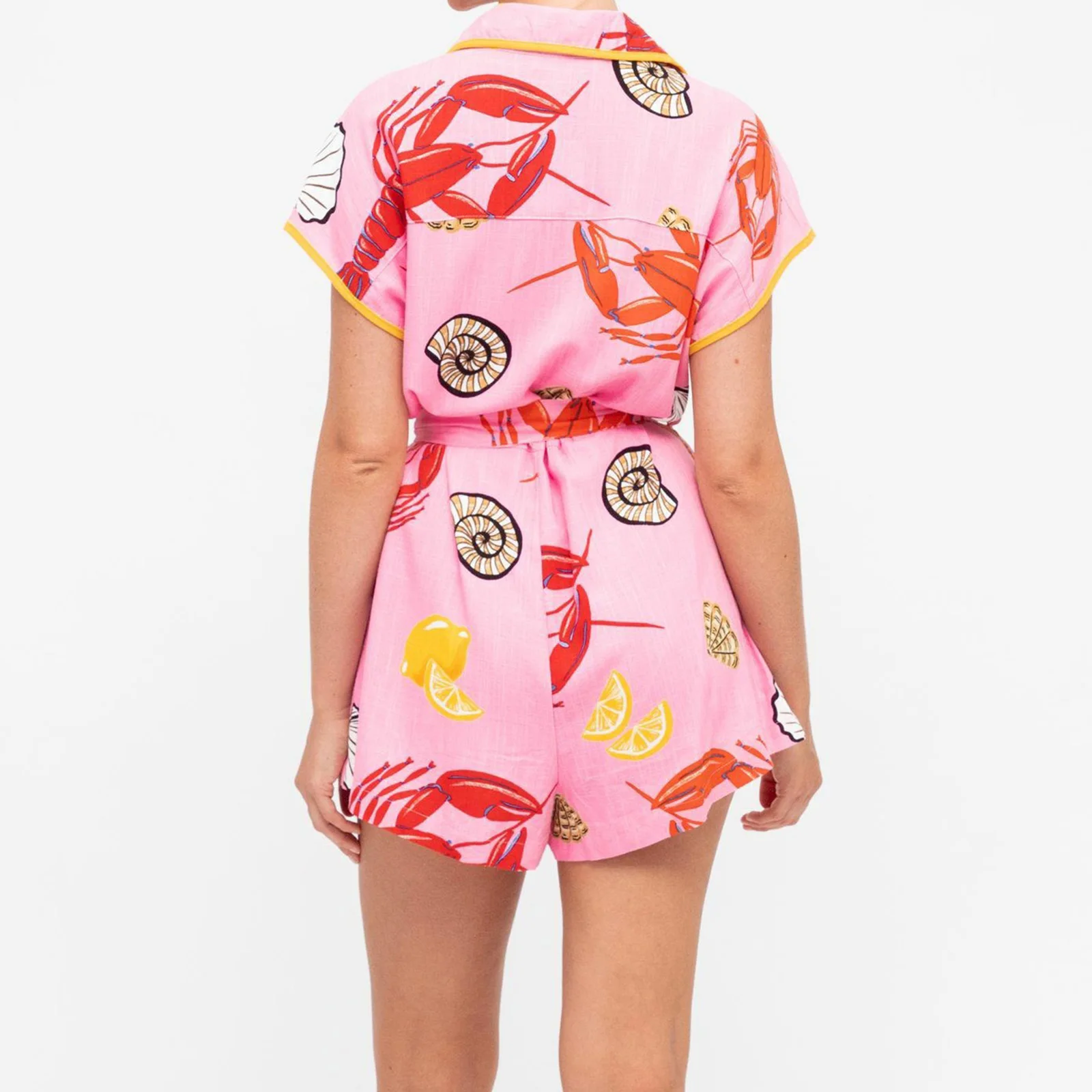 Mono corto informal de verano para mujer, pelele con botones y manga corta con cuello y estampado de concha de langosta, con bolsillos y cinturón