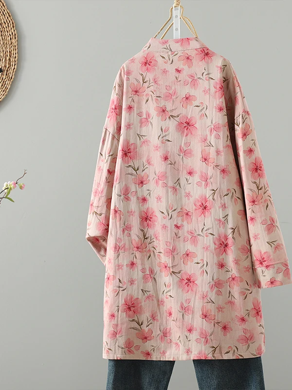 Thiened algodão linho jaet casaco longo feminino chinês sle impressão calor inverno usar botão design zen meditação outerwear