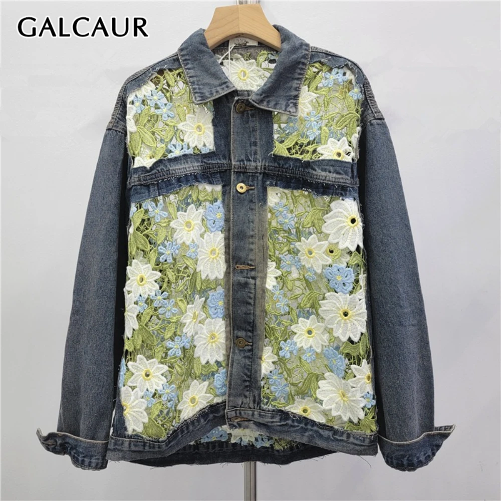 

GALCAUR Hit Color Spliced Hollow Out Jacket Female Lapel Long Sleeve Patchwork Lace Korean Sweet Women's Jackets Autumn Fashion