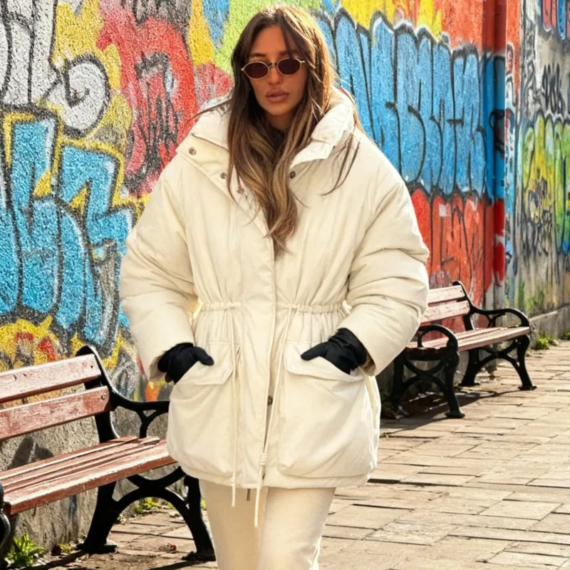 

Зимняя женская хлопковая куртка с завязками на талии, 2026, теплая и увлекательная однотонная хлопковая куртка с карманами и воротником-стойкой и длинными рукавами