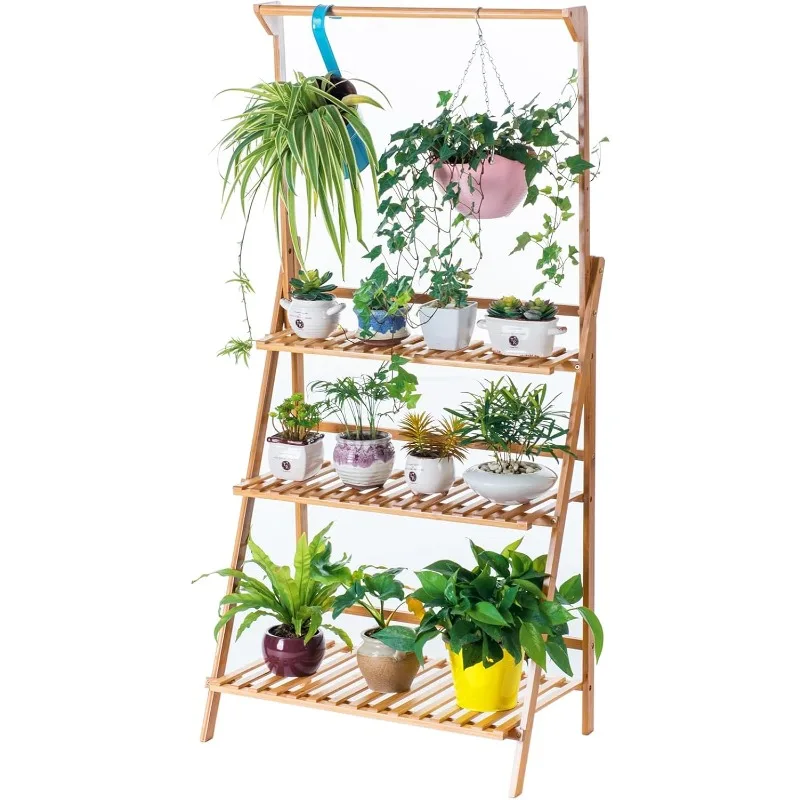 Bamboo Three-Tier Hanging Plant Stand Flower Pot Rack Flower Pot Storage Rack Folding Display Stand Plant Shelf Unit Bracket