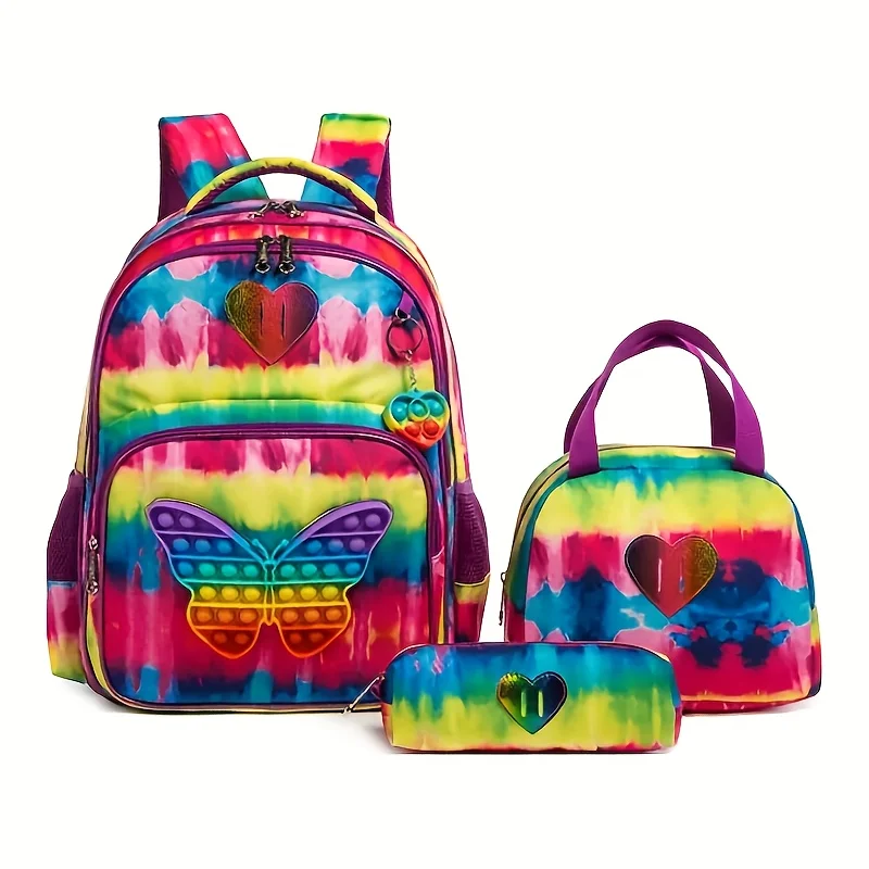 

3PCS Backpack For Girls Press Toys School Bag Girl's Back To School Backpakc With Lunch Bag Pencil Bag With Toy Pendant