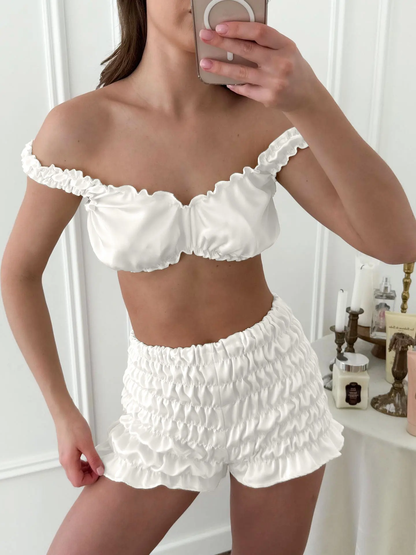 Sexy Loose White Home Woman 3 Piece Set Outfit 2026 Sexy Long Sleeve Robes + Top with High Waist Shorts Set Pajamas for Women