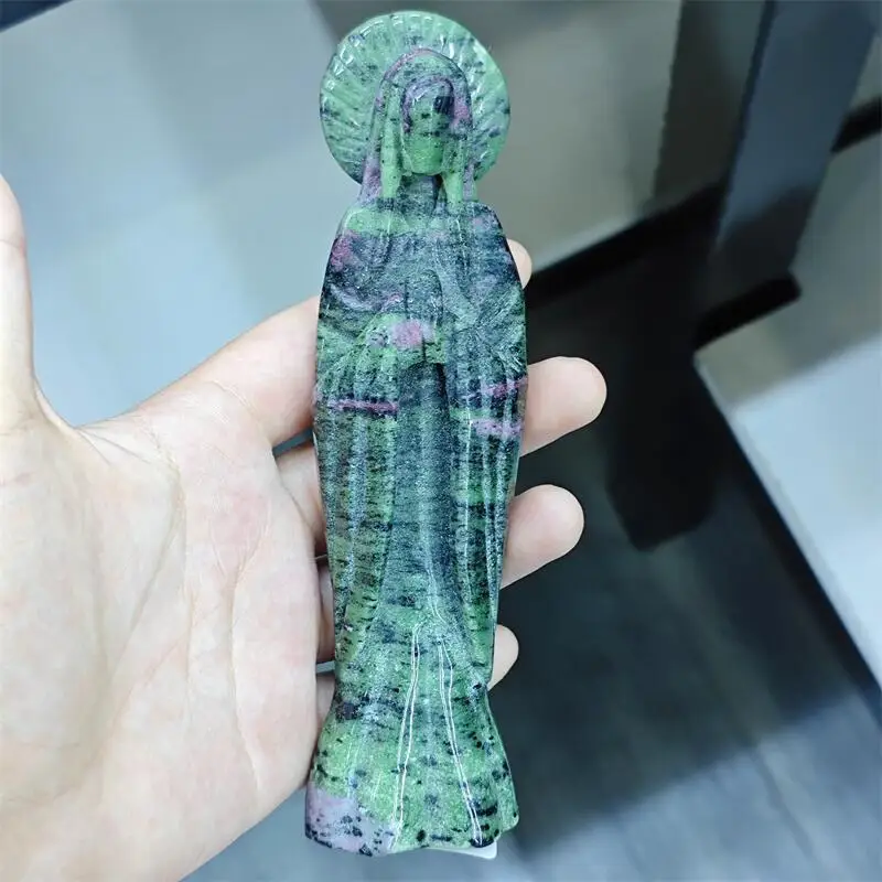 

15 см натуральный рубин в цоизите мадонна резьба энергетический драгоценный камень рейки исцеление украшение дома подарочная коллекция 1 шт.