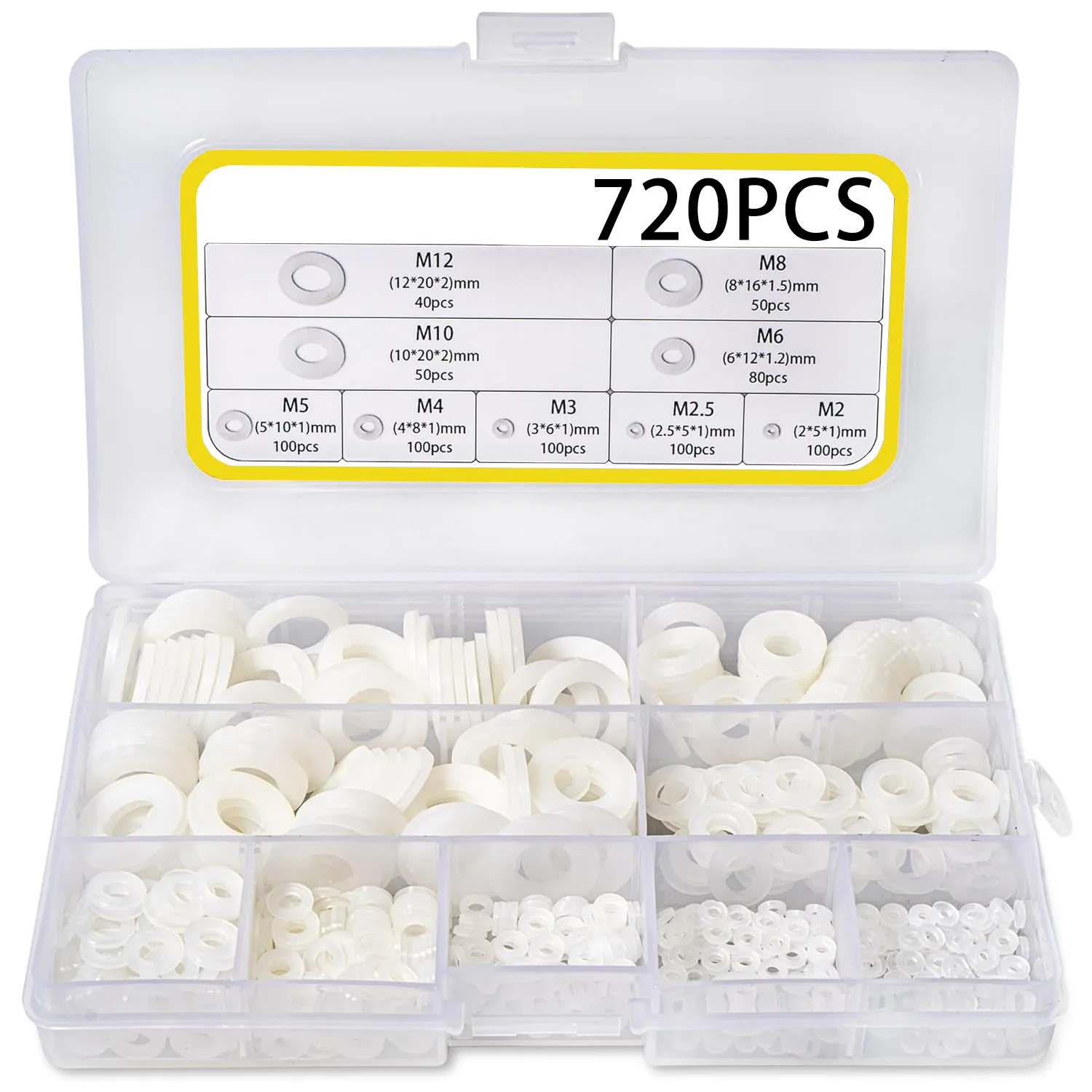 

720pcs Plastic Nylon Flat Washer Assortment Kit M2M2.5M3M4M5M6M8M10M12 sealing Spacer Insulation Gasket Ring shims for screws