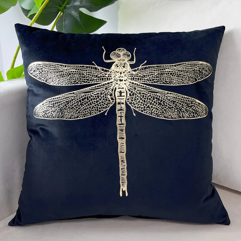 Hot Selling Insect Foil Printing Square Velvet Dragonfly Cushion Cover Gold Stamping Throw Pillowcase Shiny