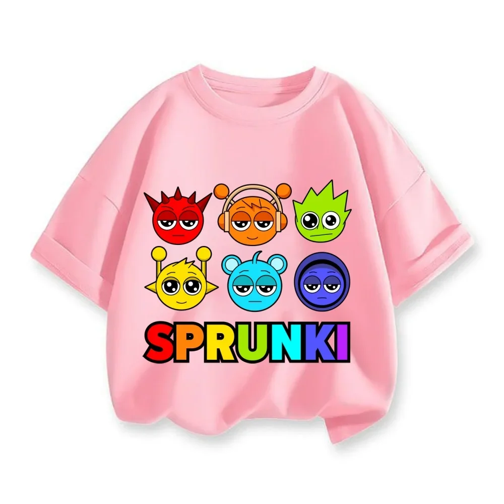 Camiseta colorida de manga corta con estampado de dibujos animados Sprunki, camisetas para niños, camisetas para niñas, ropa adecuada para actividades al aire libre de verano