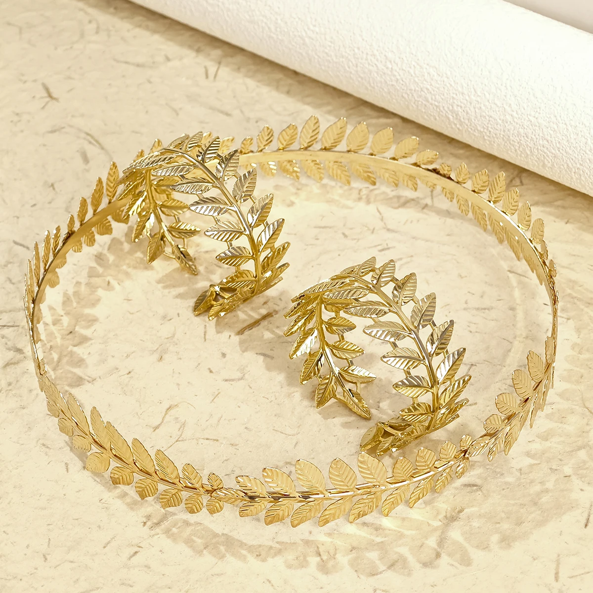 3PK Efily Gold Leaf Round Crown Sun Goddess Tiara Titanium Steel Same Bracelet Jewellery Set Wedding Hair Accessories