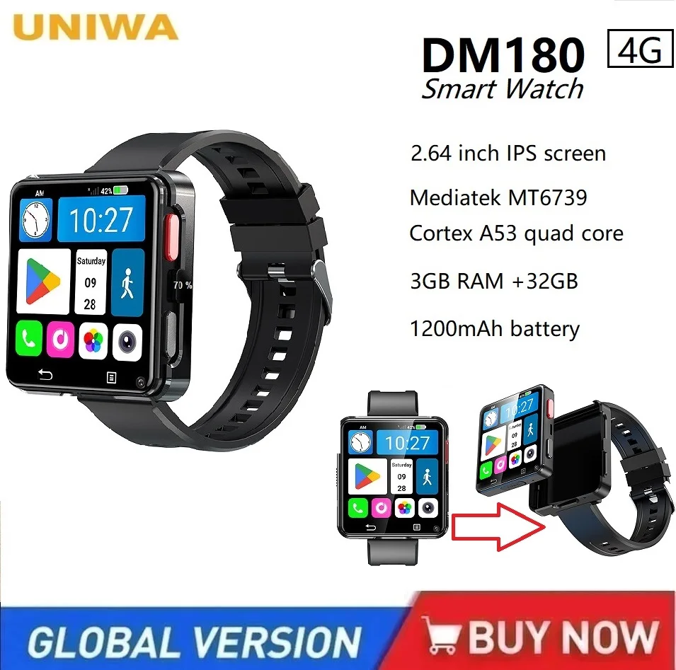 UNIWA DM180 4G Smart Watch Android 11,2.64 inch ,3GB RAM +32GB ROM 1200mAh battery Double cameras GPS Men Women Smartwatch Phone