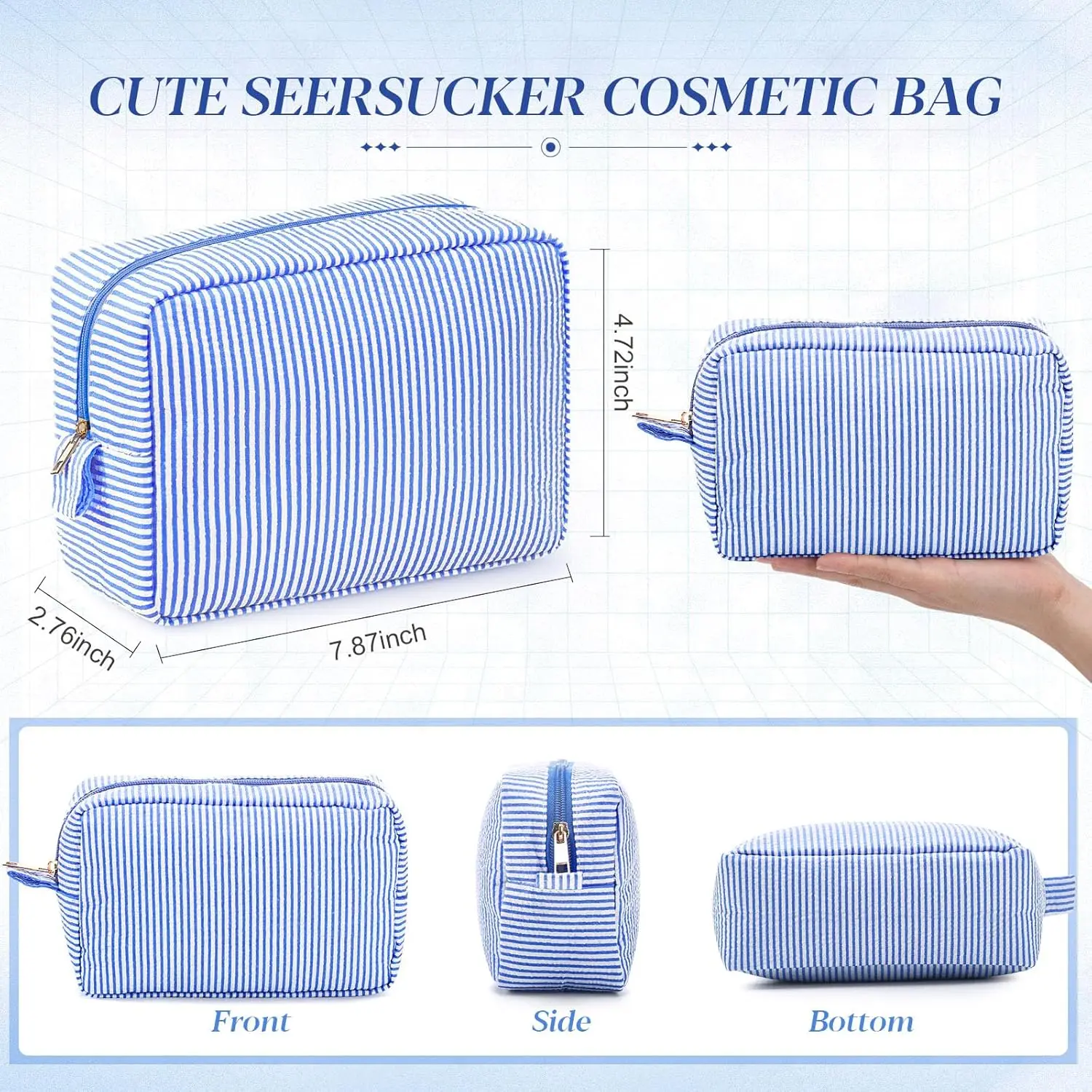 10 Pcs Seersucker Cosmetic Bag Seersucker Makeup Bag Women Stripe Large Travel Toiletry Organizer Preppy Storage Pouch for Embro