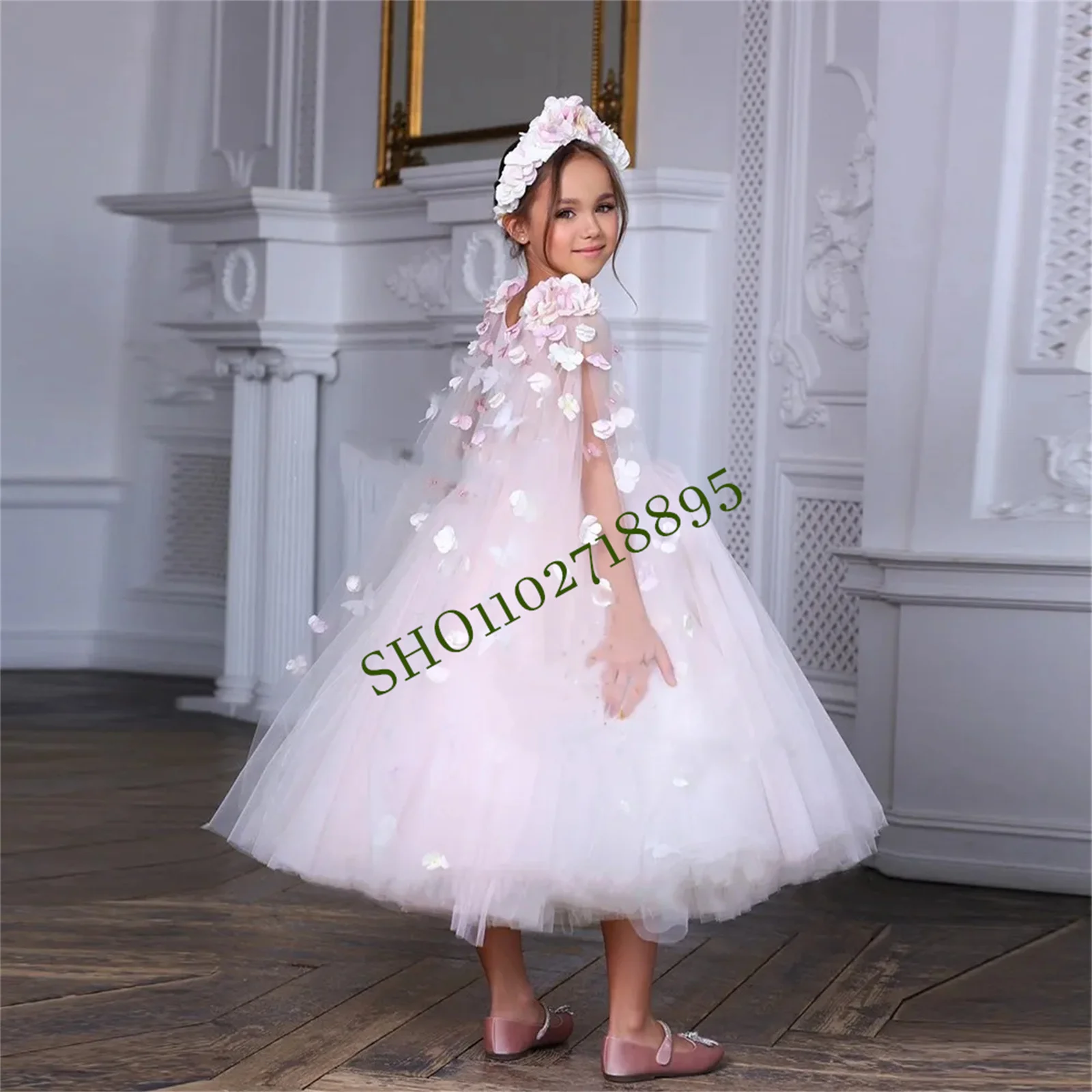 

Purple Puffy Tulle Flower Girl Dress For Wedding 3d Applique Kid White Sleeveless Kids Birthday Party Beauty Pageant Ball Gowns