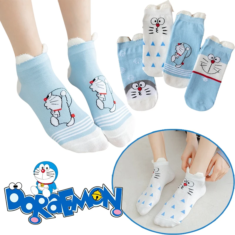 Doraemon Cotton Boat Socks Student Cartoon Anime Low Cut Ankle Boat Socks Cute Feather Yarn Three-dimensional Ear Mouth Socks