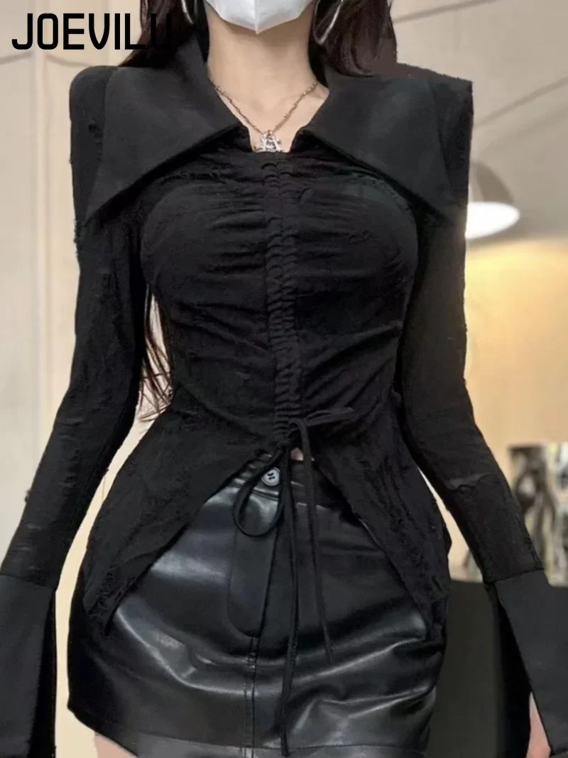 Goth Dark Style Polo Neck T-shirt Female Split Drawstring Long Sleeved Shirt Autumn Sexy Waist Cinching Tops Aesthetic Clothes