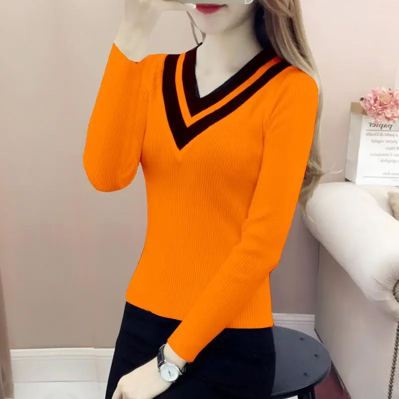 Elegant V-Neck Spliced All-match Sweaters Women\'s Clothing 2024 Spring New Slim Knitted Office Lady Pullovers Korean Tops