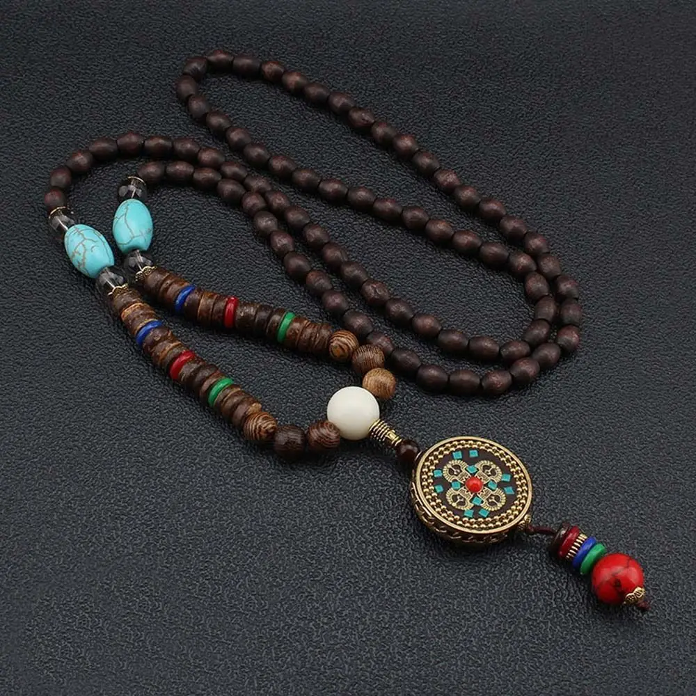 Boho Handmade Party Ethnic Jewelry Elephant Pendant Nepal Necklace Buddhist Mala Wood Bead