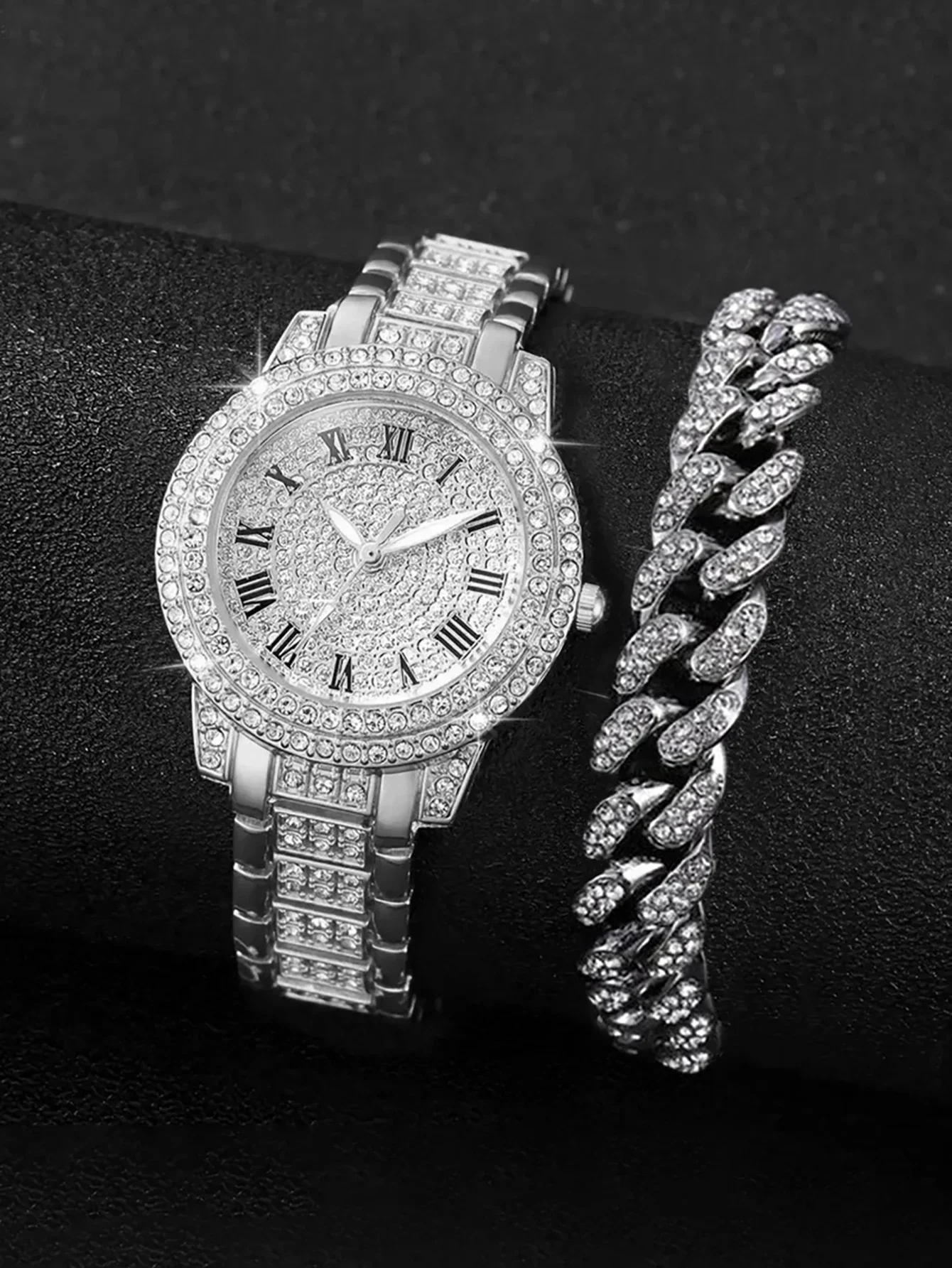 2026Gold and silver stainless steel full-diamond Roman fashionable steel band quartz watch and Cuban bracelet set - as a gift