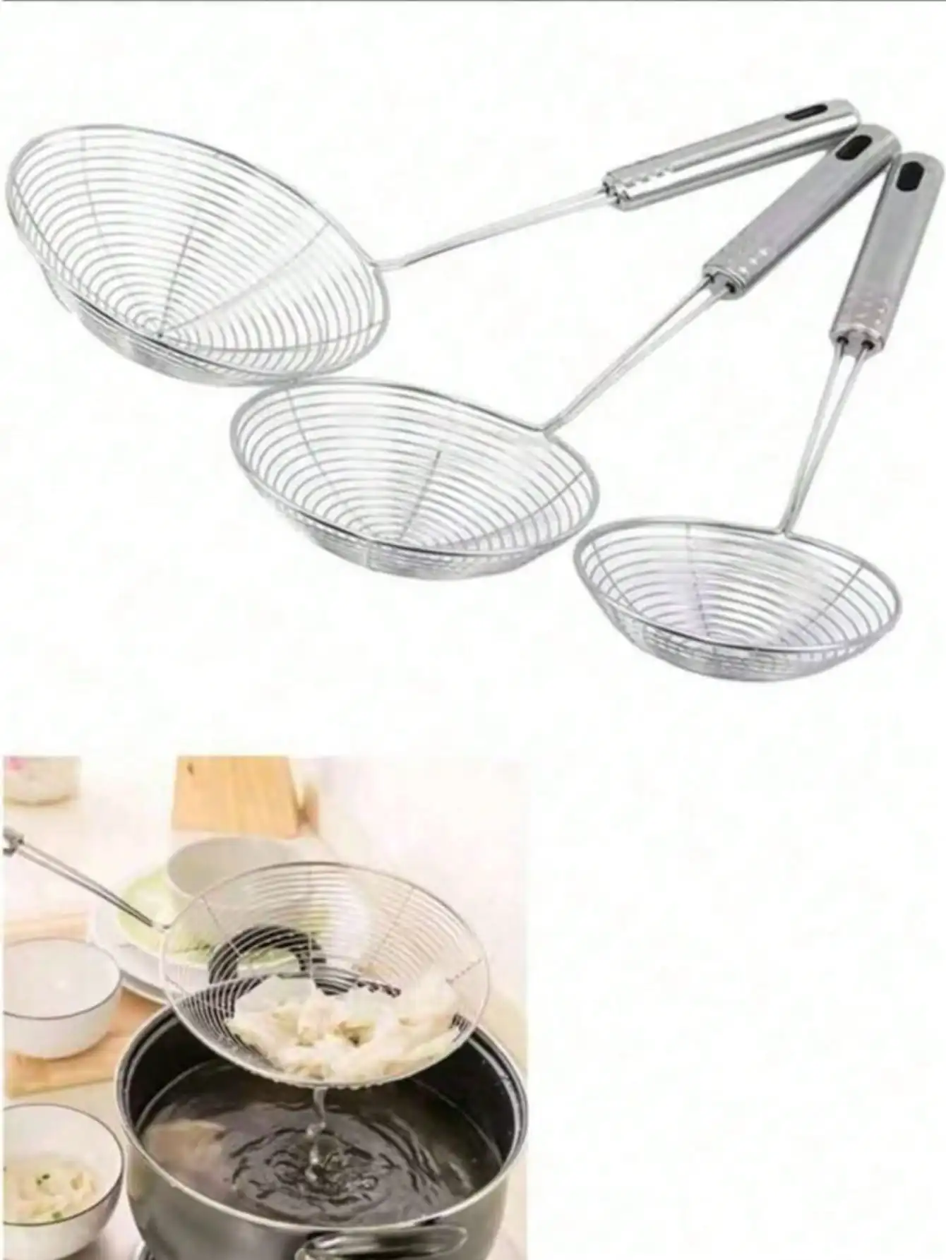 Stainless Steel Spider Strainer Set, Durable Metal Skimmers With Long Handles, Food-Safe Skimming Spoons For Frying, Pasta, With Hanging Loop, For 30.51cm, 32.0cm, 35.0cm Kitchen Tools