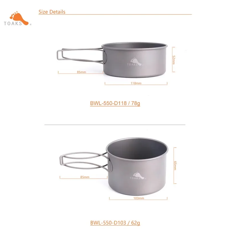 TOAKS Titanium Bowl, Outdoor Camping Equipment Cookware Tableware  with Foldable Handle 550ml D103MM or D118MM