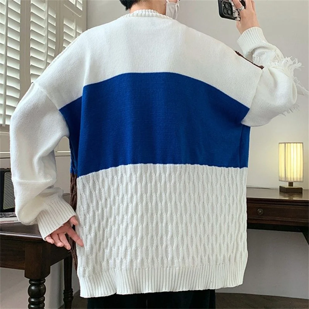 Splicing personalized knitted cardigan jacket, men's spring and autumn trendy loose sweater, men's lazy style woven sweater