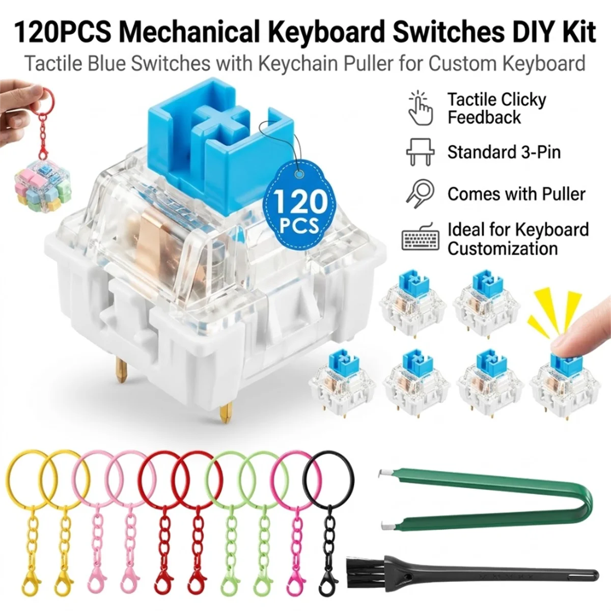 120PCS 3-Pin MX Style Mechanical Keyboard Switches Clicky Keyboard Clickers for 3D Printed Fidget Toys DIY Projects with 10Keych