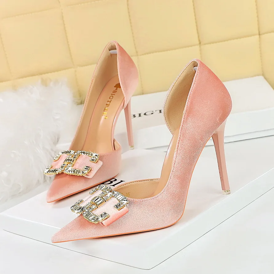 مضخات حجر الراين مدببة من إصبع القدم بيغ تري للنساء ، كعب رفيع ، أحذية فساتين أنيقة ، قطيع الزفاف ، الربيع والخريف