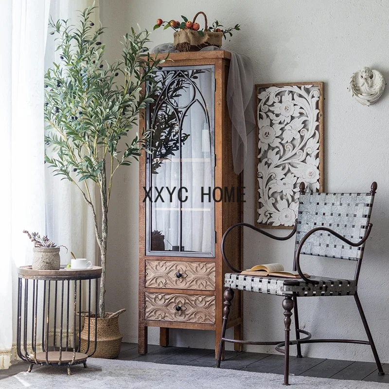 

Solid Wood Retro Storage Cabinet Iron Art Wall Cabinet