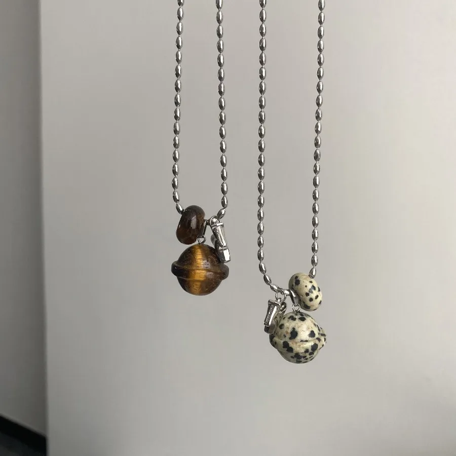 

Vintage Spotted Stone Obsidian Tiger Eye Stone Necklaces for Women Men Silver Color Colt Horse Long Necklaces Winter Jewelry