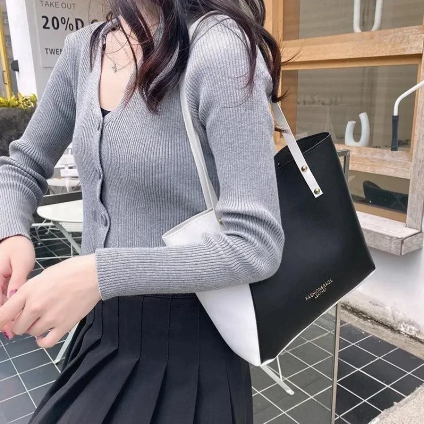 

Trend New Contrast Color Patchwork Women Shoulder Bag Large Capacity PU Leather Hot Stamped Casual Shopping Handbag Lady Bags