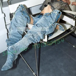 Trendy Denim Pleated Thigh High Boots Women Button Metal Studded Western Pocket Boots Ladies Sexy Pointy Cutout High Heel Shoes