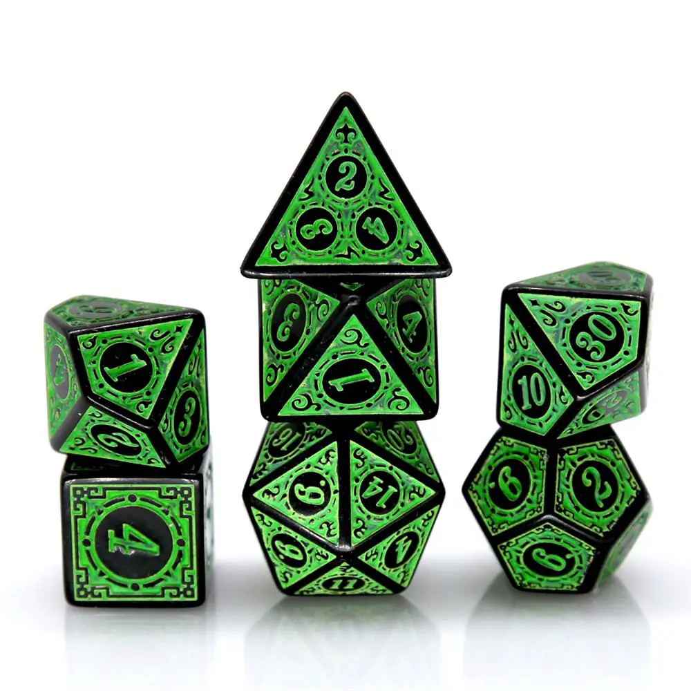 7Pcs Black Green Acrylic Polyhedral Dice Set Retro Pattern DND RPG Dice For Tabletop Role Playing Board Game Accessories