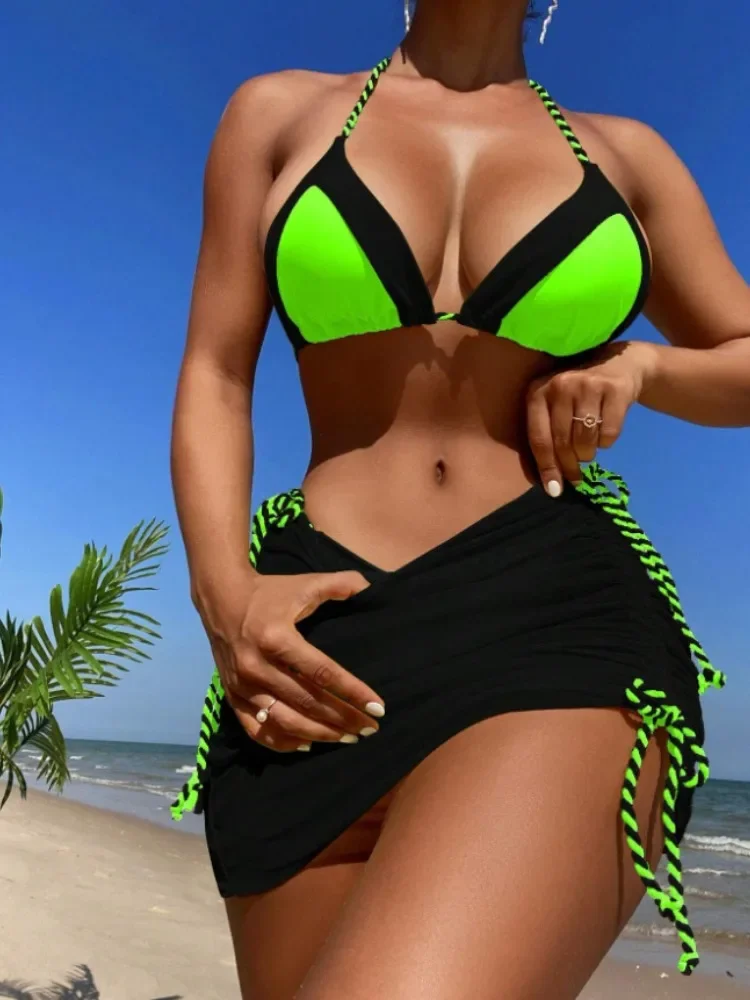 Sexy bikini banho feminino 2024 maiô de três peças com saia biquinis brasileiros verde amarelo verão beachwear fatos de banho