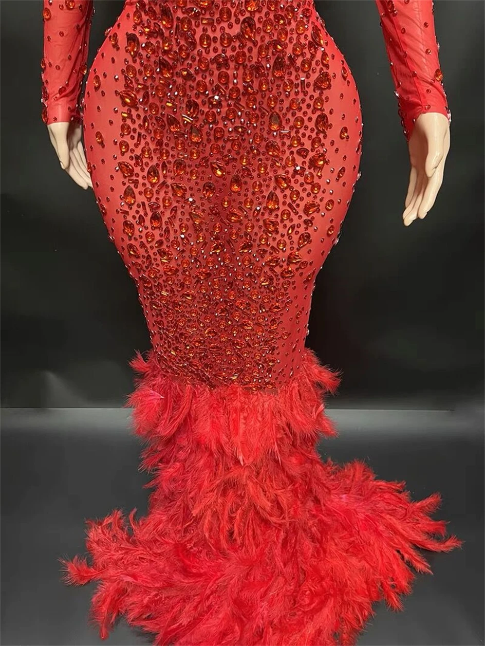 Red Luxury Rhinestones Grand Feathers Sexy Sheath Dress Evening Party Performance Costume Bar Nightclub Singer Dancer Stage Wear