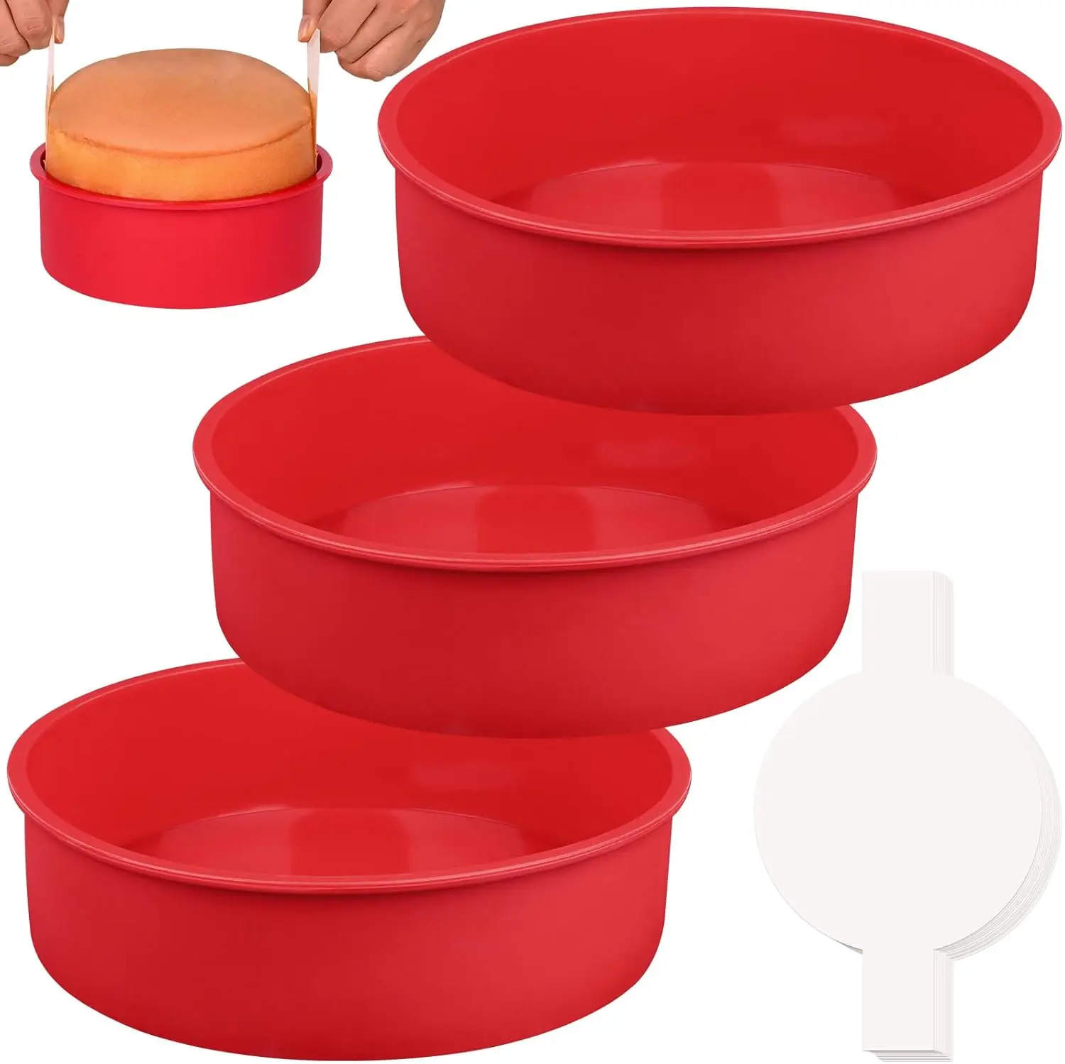 

10 Inch Round Silicone Cake Pan Set with Parchment Paper, Nonstick for Birthday and Layer Cakes