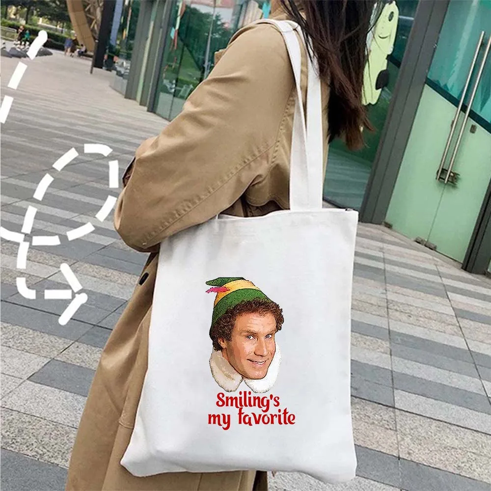 Cute Funny Reindeer Merry Christmas Canvas Tote Bag Green Elf Rudolph Santa Cartoon Shopper Harajuku Cotton Eco Shopping Handbag